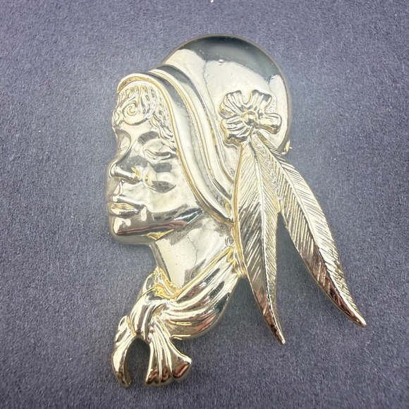 Torino Jewelry - Vintage Signed Torino Brooch Pin Gold Tone Women Profile Face Flapper